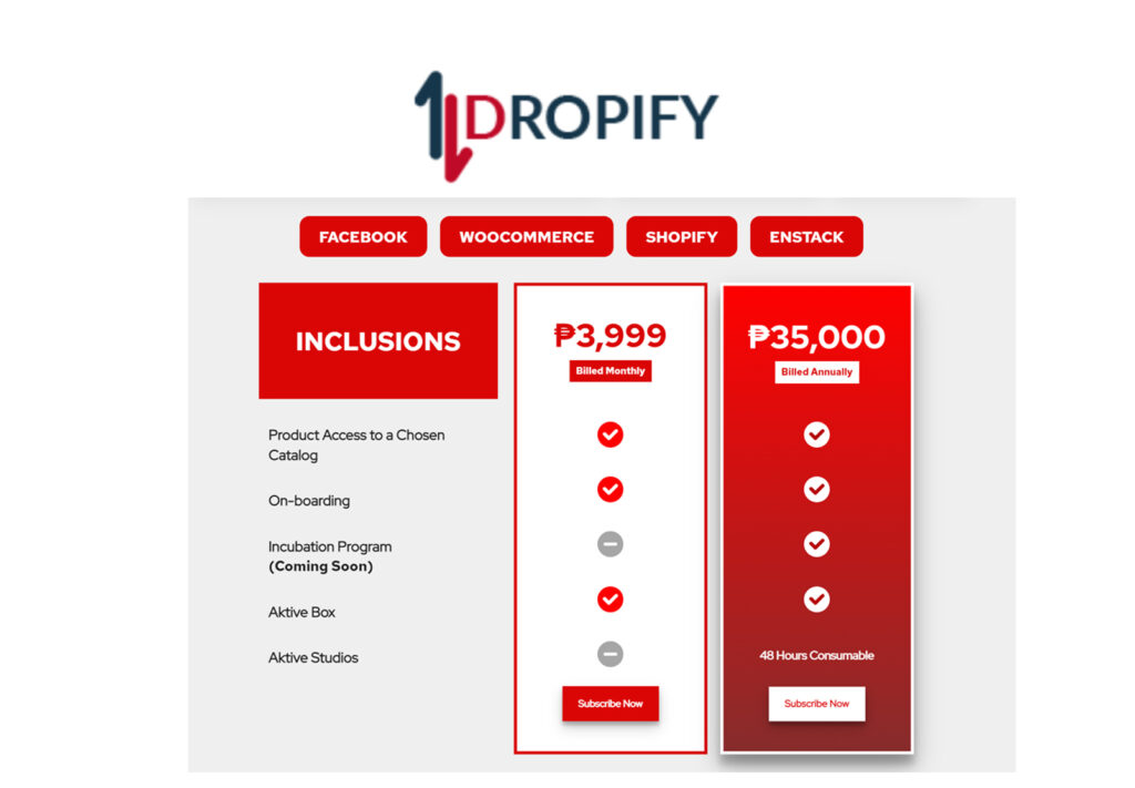 Dropify Pricing plan for woo commerce website